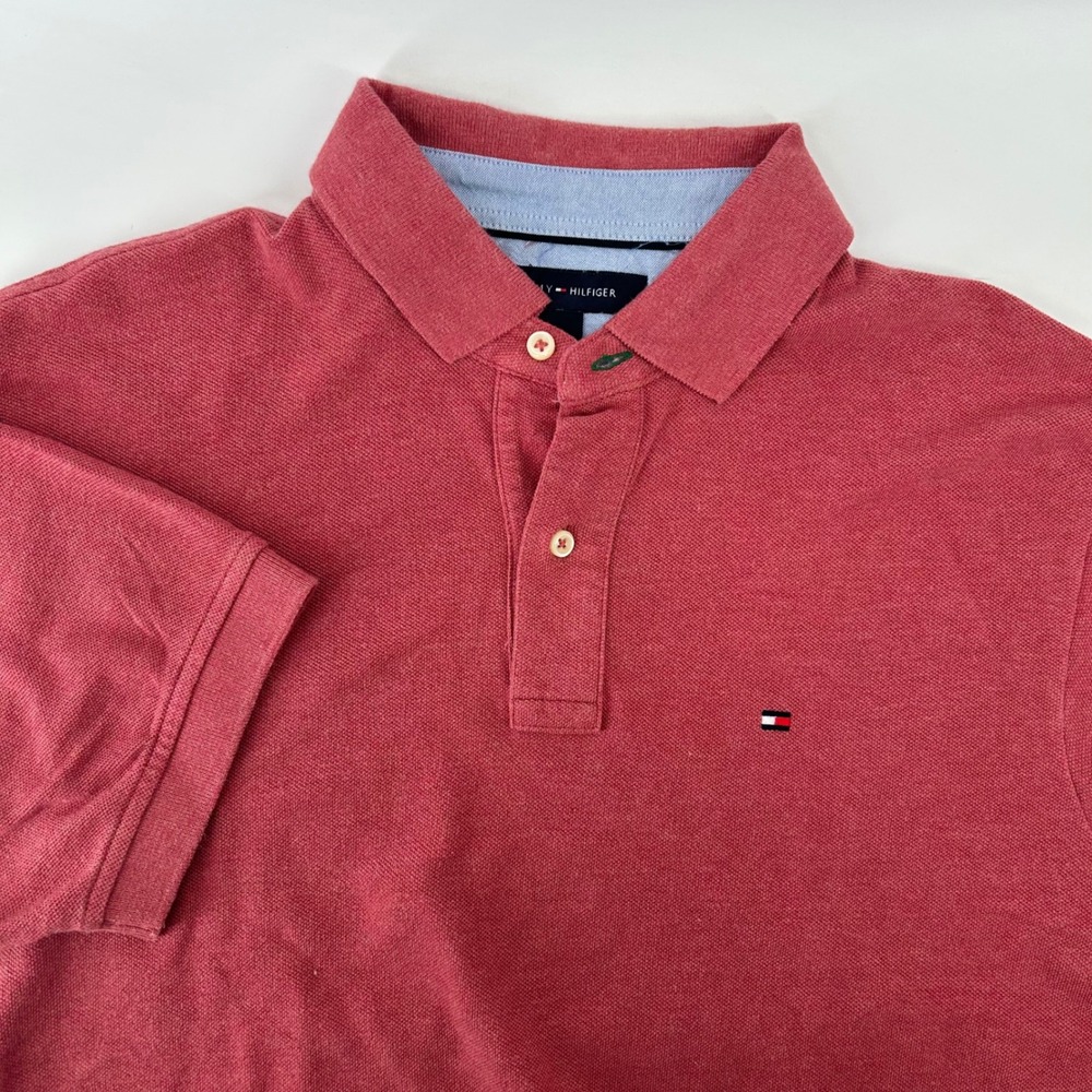 Tommy Hilfiger Polo Shirt Mens Medium Red Short Sleeve Cotton Pique Casual Logo